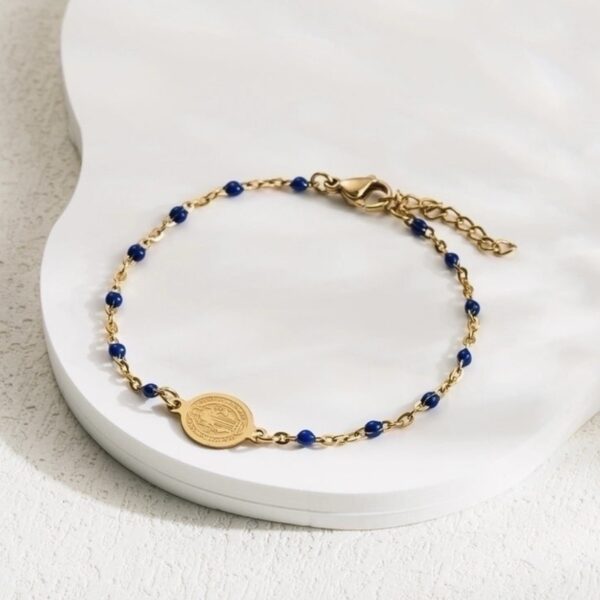 BRACCIALE ROSARIO IN ACCIAIO CON PERLINE E IMMAGGINE MADONNINA